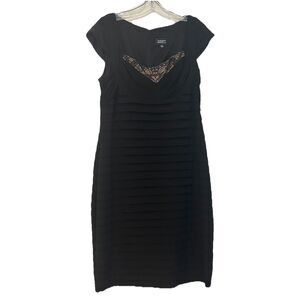 Adrianna Papell Tiered Black Dress Cocktail Formal Sheath Lace - Size 16